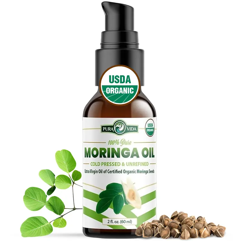 Huile de Moringa PURA VIDA MORINGA – Pure, Pressée à Froid et Non Raffinée, Origine Unique, Flacon Pompe 60 ml – Qualité Alimentaire