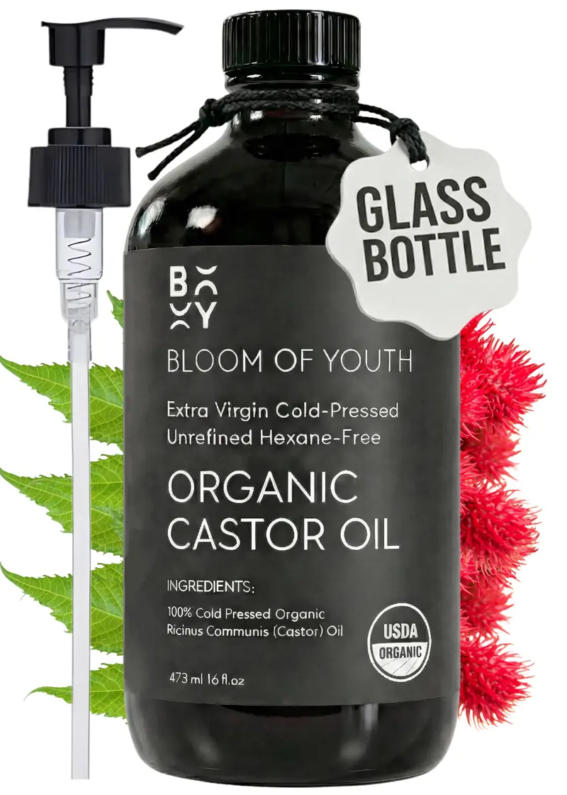 Huile de ricin bio 100% pure — Bloom of Youth, pressée à froid, sans hexane, flacon verre 16 oz