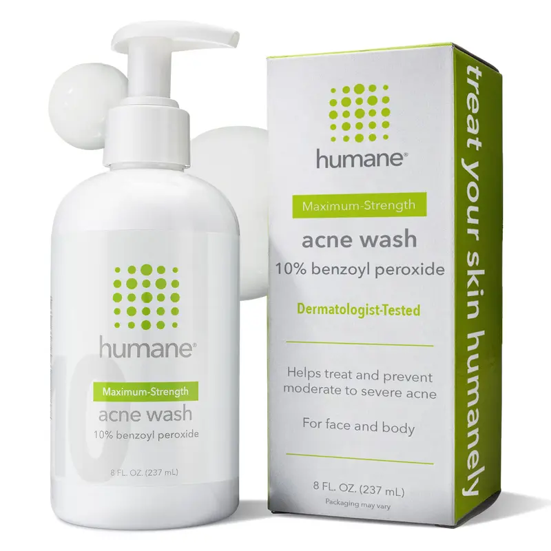 humane Nettoyant anti-acné au peroxyde de benzoyle 10% – Soin maximal visage, peau, dos et fesses – 8 fl oz – Végan et sans cruauté