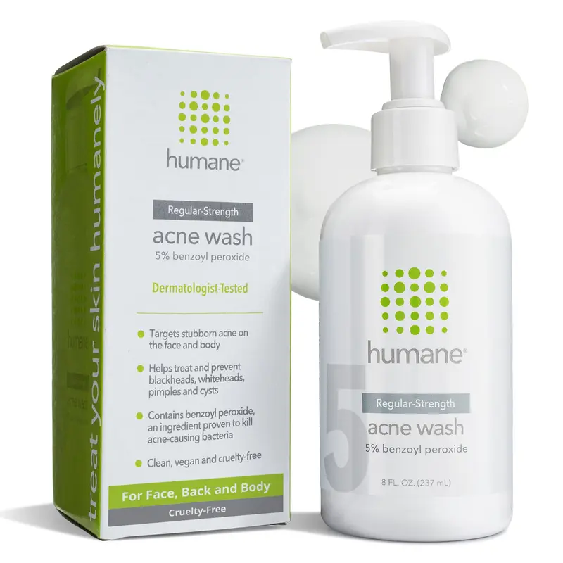 humane Nettoyant Visage au Peroxyde de Benzoyle 5% – Nettoyant non moussant pour acné du visage, dos et corps – 236 ml – Testé dermatologiquement – Sans cruauté