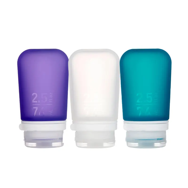 humangear GoToob+ 3-pack – Bouteilles de voyage en silicone réutilisables (Moyenne, 74 ml) avec bouchon verrouillable | Matériau sans danger alimentaire | Clair/Violet/Bleu vert
