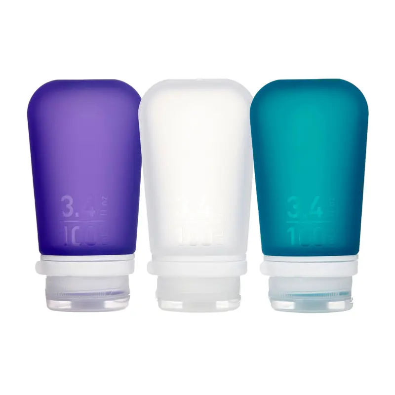 humangear GoToob+ 3-Pack (Grand) – Bouteilles de voyage en silicone réutilisables, bouchon verrouillable LoopLock, sans BPA - Transparent/Violet/Turquoise