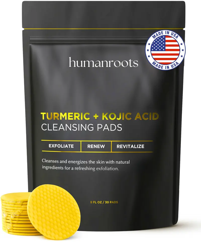 Humanroots Tampons Nettoyants Turmeric Acide Kojique – Gommage Visage au Curcuma et Vitamine C (30 tampons)