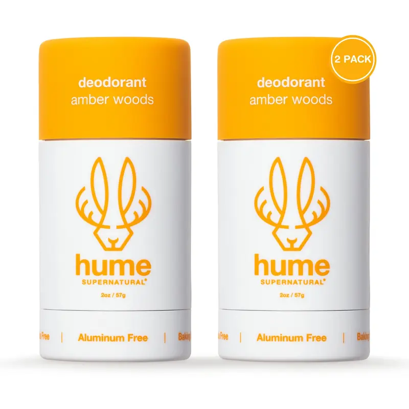 Hume Supernatural Déodorant Sans Aluminium – Probiotiques, Base Végétale, Sans Bicarbonate – Peau Sensible – Amber Woods – Lot de 2