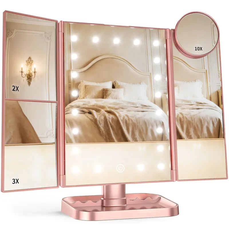 HUONUL Miroir Maquillage avec Lumières – 2X/3X/10X, Contrôle Tactile, Tri-fold
