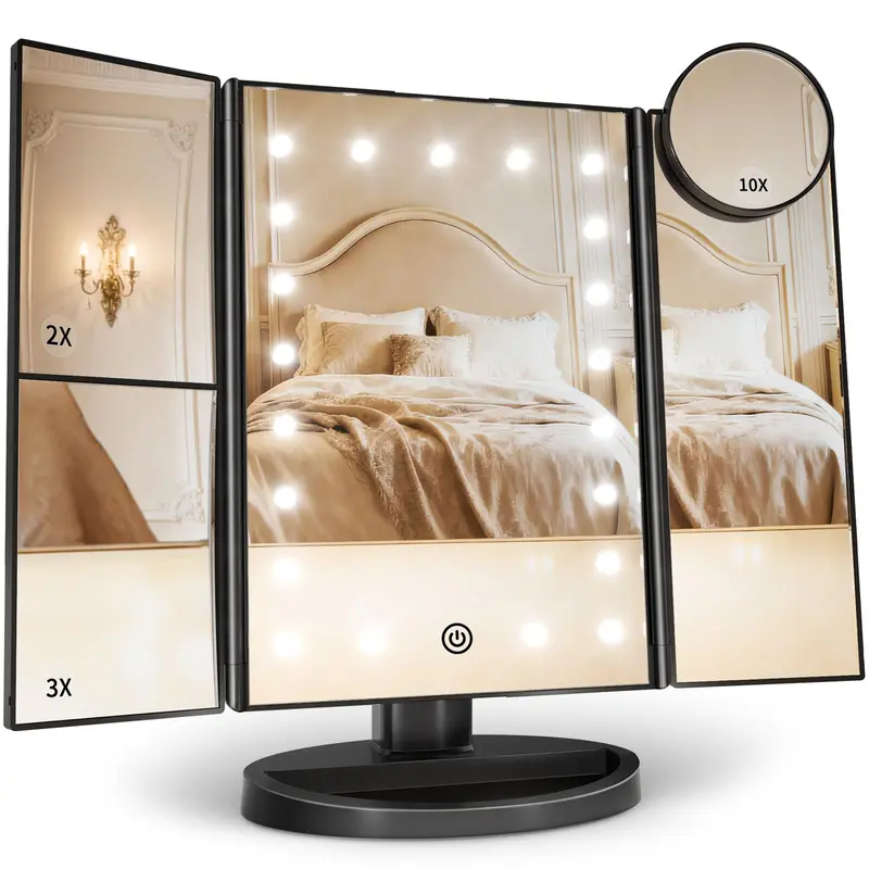 HUONUL Miroir Maquillage Éclairé – Miroir Vanity à Trois Volets avec Luminaires, Grossissements 2x/3x/10x, Commande Tactile, Alimentation Double