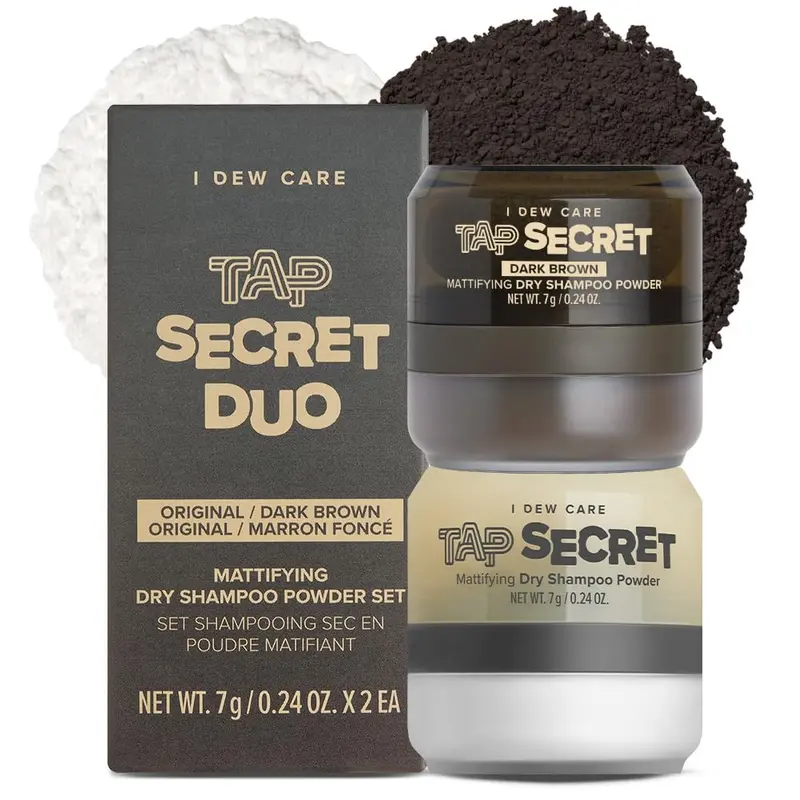 I DEW CARE Tap Secret Biotin Dry Shampoo – Duo Original & Brun Foncé, Poudre Sans Talc, Rechargeable, Format Voyage 0,24 oz x 2