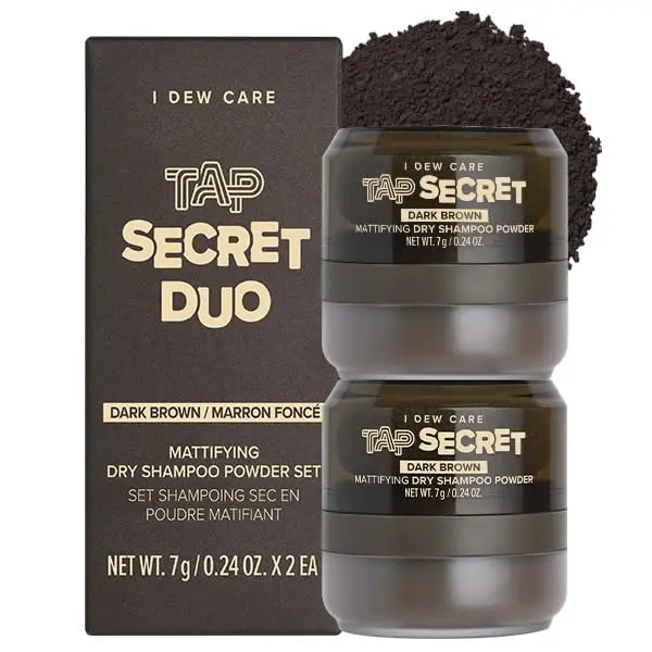 I DEW CARE Tap Secret Brun Foncé Duo — Poudre sèche clarifiante à la biotine et ginseng coréen, non aérosol, format voyage 7 g x 2