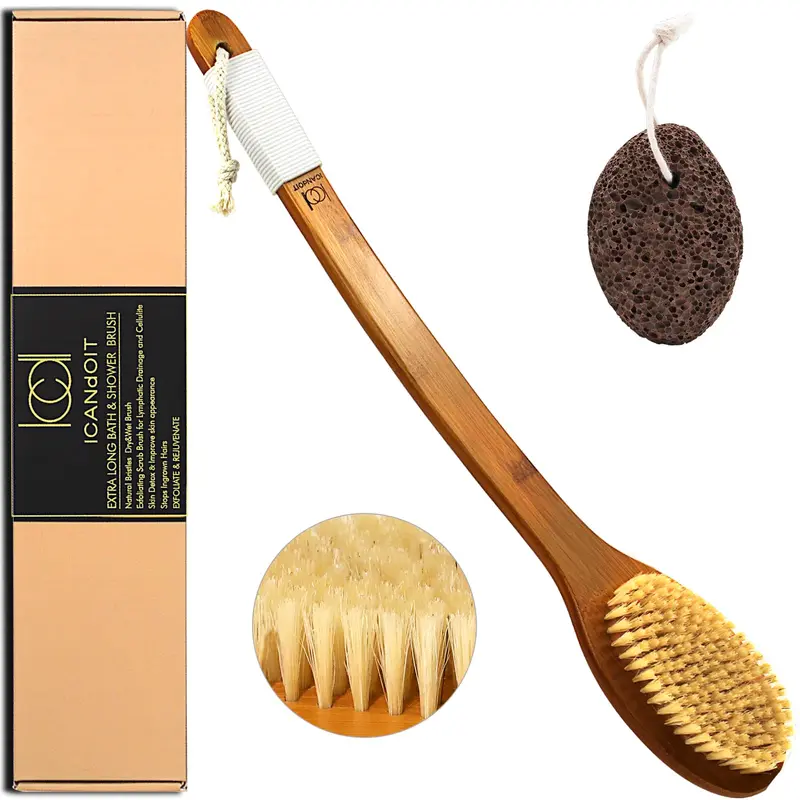 ICANdOIT Brosse de Bain Poils de Sanglier — Poignée Inclinée 50 cm, Anti-Dérapante, Pierre Ponce