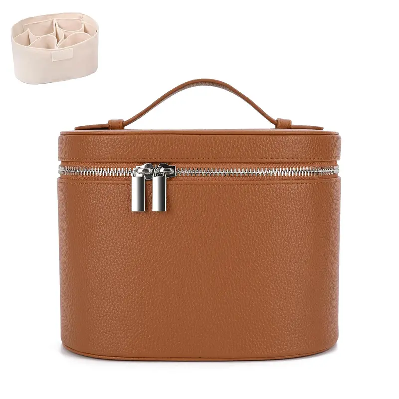 IEMIEBOAMGNOY Trousse Maquillage Cuir Brun avec Séparateur Amovible – Organisateur de Voyage