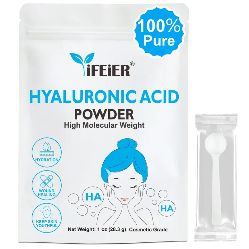 iFEiER Poudre d’Acide Hyaluronique – Haute Masse Moléculaire pour Sérum DIY, 1 oz (28,3 g) – Grade Cosmétique