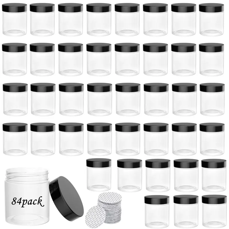 ihomecooker 84 bocaux plastiques 4oz/125ml avec bouchons noirs et étiquettes – rangement polyvalent pour aliments et cosmétiques
