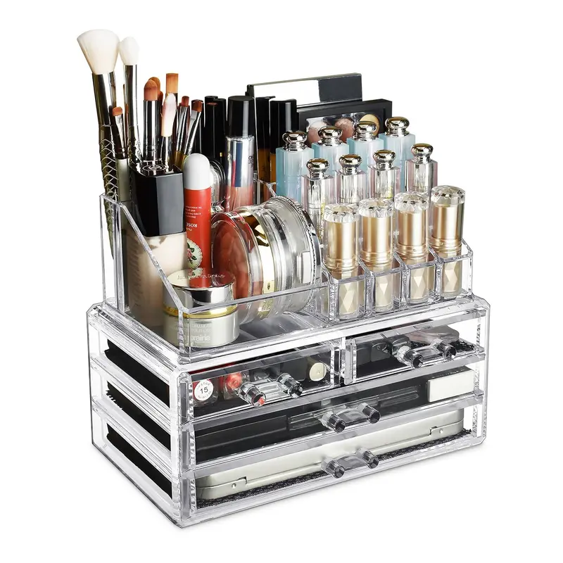Ikee Design - Organisateur Maquillage en Acrylique avec 4 Tiroirs et Porte-Rouges à Lèvres Amovible, Idéal Vanity et Salle de Bain