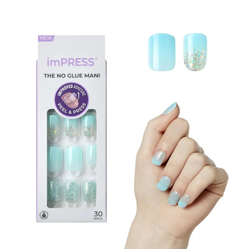 imPRESS KISS Ongles à poser Sans Colle – Design Éternity Bleu, Forme Squoval, Kit Complet (30 Ongles, Accessoires)
