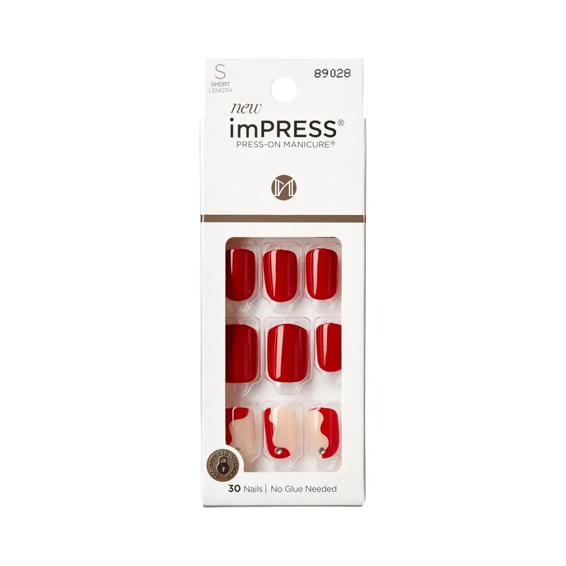 imPRESS Manucure Adhésive – Adore You, Rouge Court Carré, Pose Facile, Étanche, Sans Temps de Séchage, Confort et Adhérence | 30 Pièces