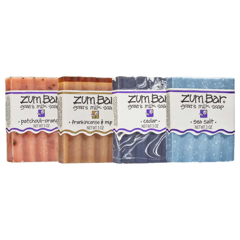 Indigo Wild Zum Savon-barre au Lait de Chèvre – Mains et Corps, Huiles Essentielles – 3 oz (85 g) – Lot de 4 (Mélanges Terre et Mer)