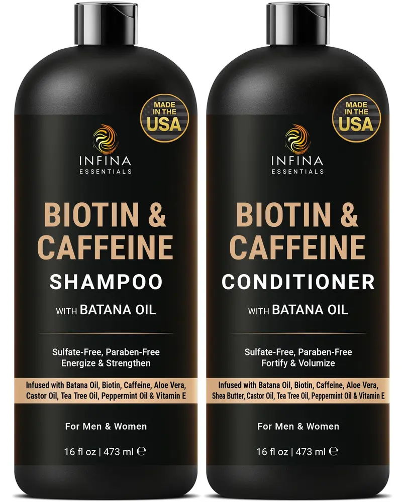 INFINA ESSENTIALS Shampoing Caféine Biotine + Après-Shampoing Batana Oil – Cheveux plus épais et forts