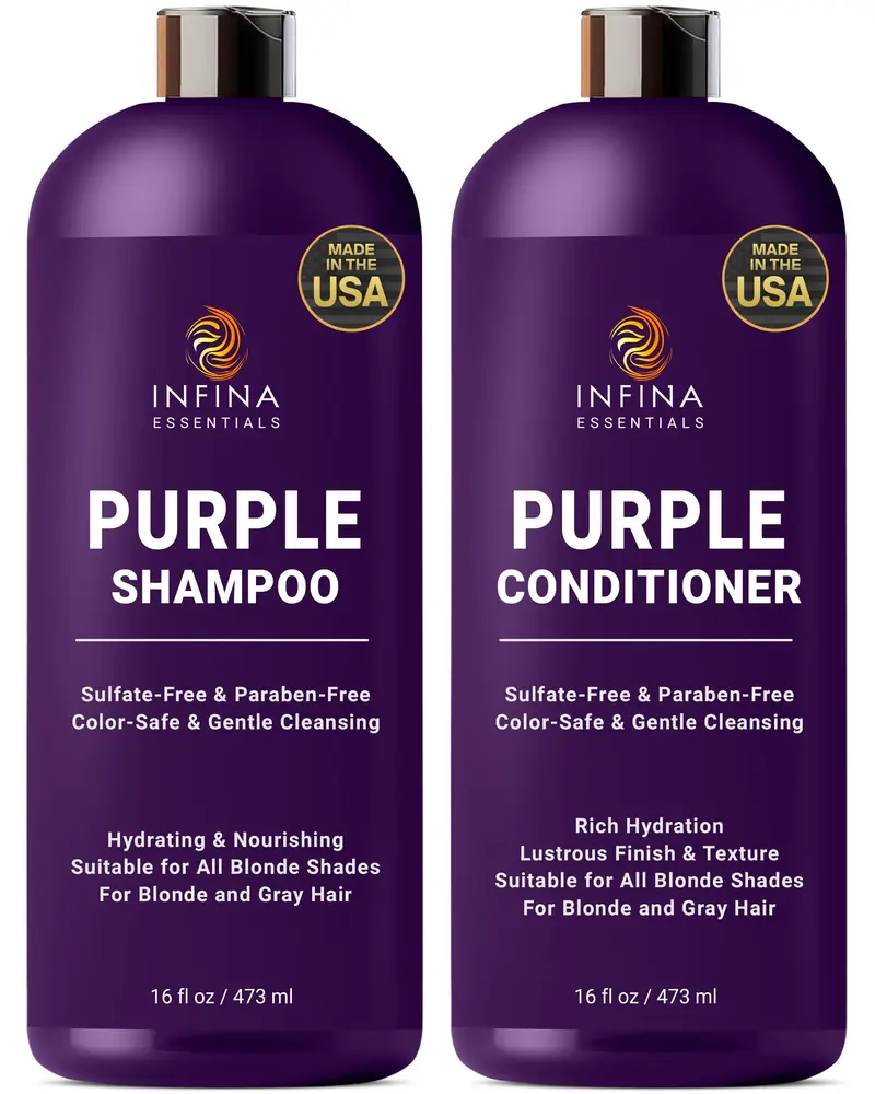 INFINA ESSENTIALS Shampoing Violet et Après-shampoing – Sans sulfates, enrichis en huile de coco et aloe vera, pour cheveux blonds, gris et colorés – 2 x 473 ml