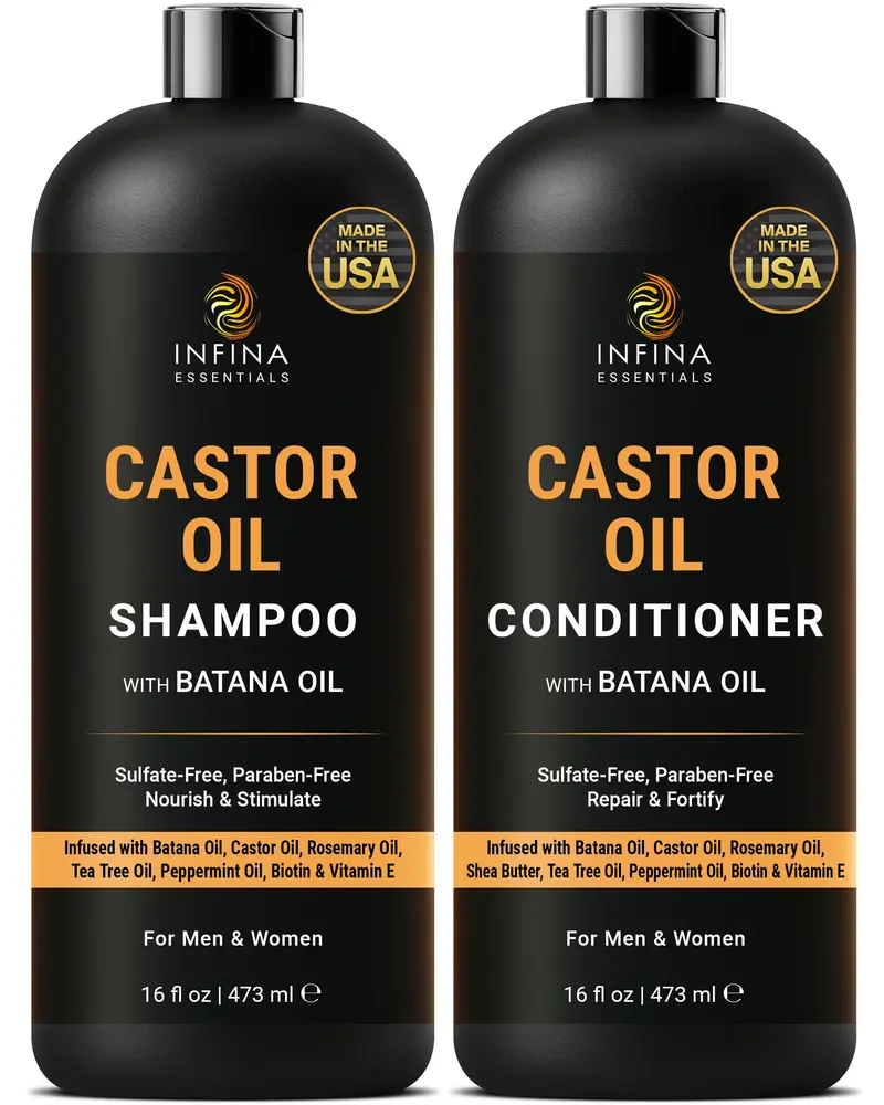 Infina Essentials Shampooing et Après-Shampooing à l’Huile de Ricin et Batana | 16 oz chacun | Renforcement, Épaississement et Hydratation
