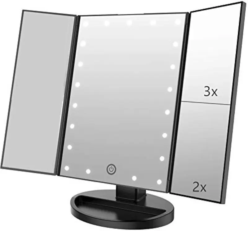 Infitrans Miroir de Maquillage Tri-volets Lumineux – 1X/2X/3X, Contrôle Tactile, Rotation Réglable, Alimentation Double