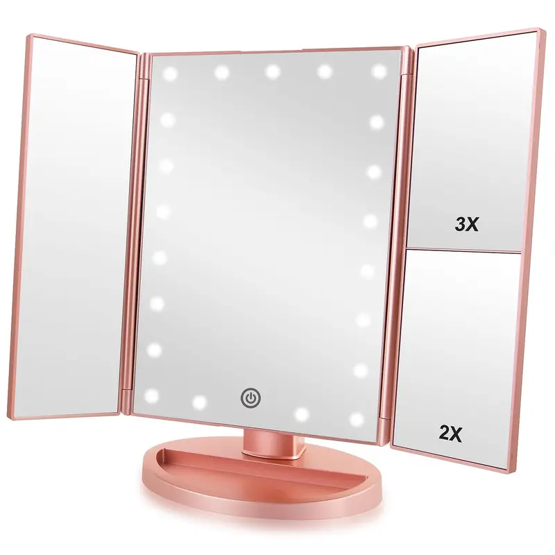 Infitrans Miroir tri-panneaux lumineux – 1x/2x/3x, contrôle tactile, rotation réglable, alimentation double