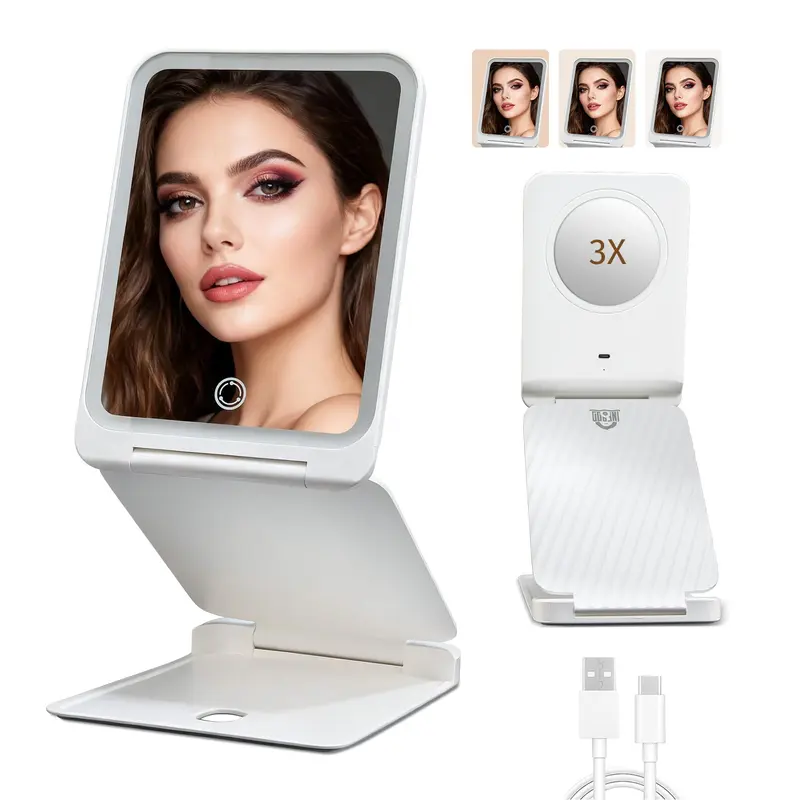 INFOOD Miroir Maquillage de Voyage LED Rechargeable – 3 Modes, Grossissement 3x, Éclairage Tactile, Pliable