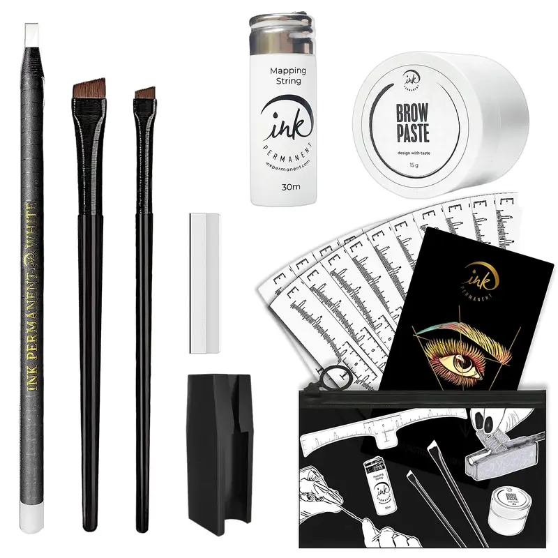Ink Permanent Kit Cartographie Sourcils – Fil Blanc 30 m, Pâte Blanche 15 g, 20 Pochoirs et Accessoires