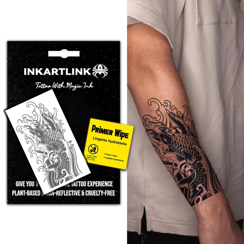 INKARTLINK Tatouage semi-permanent bras – Koi fleur réaliste, étanche et anti-reflet