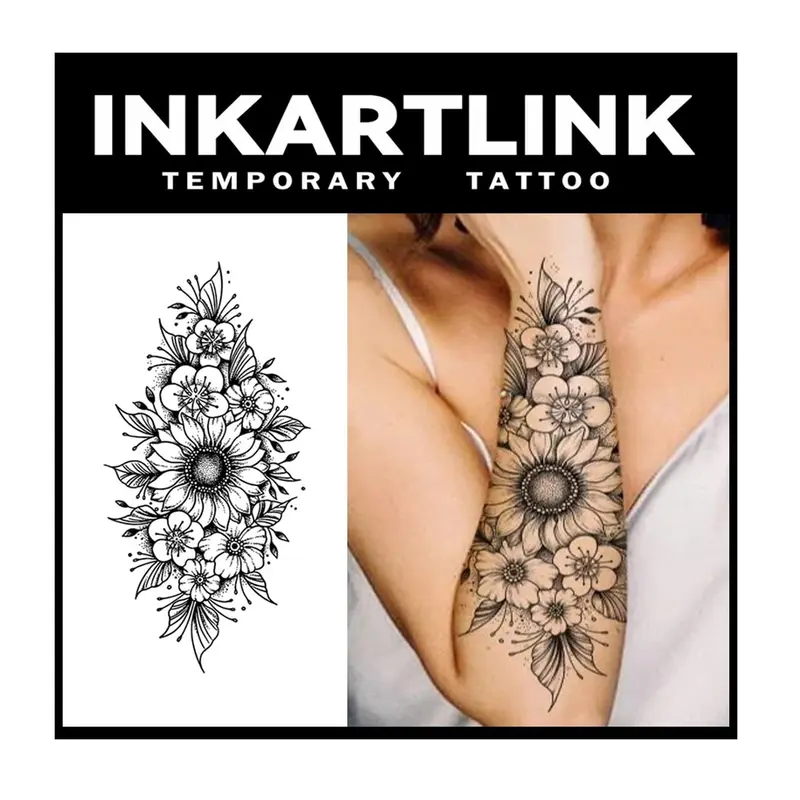 INKARTLINK Tattoo Tech – Tatouage temporaire semi-permanent, 2 feuilles extra-large fleur-design