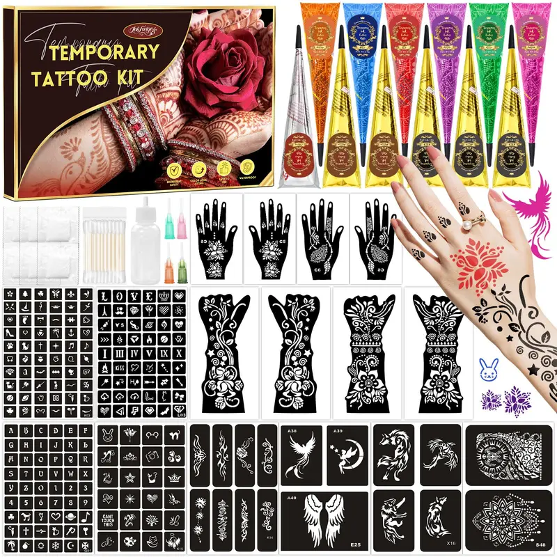 InkForge Kit Tatouage Temporaire – 217 Pièces, 12 Feuilles, 9 Coloris | Fête et Événement