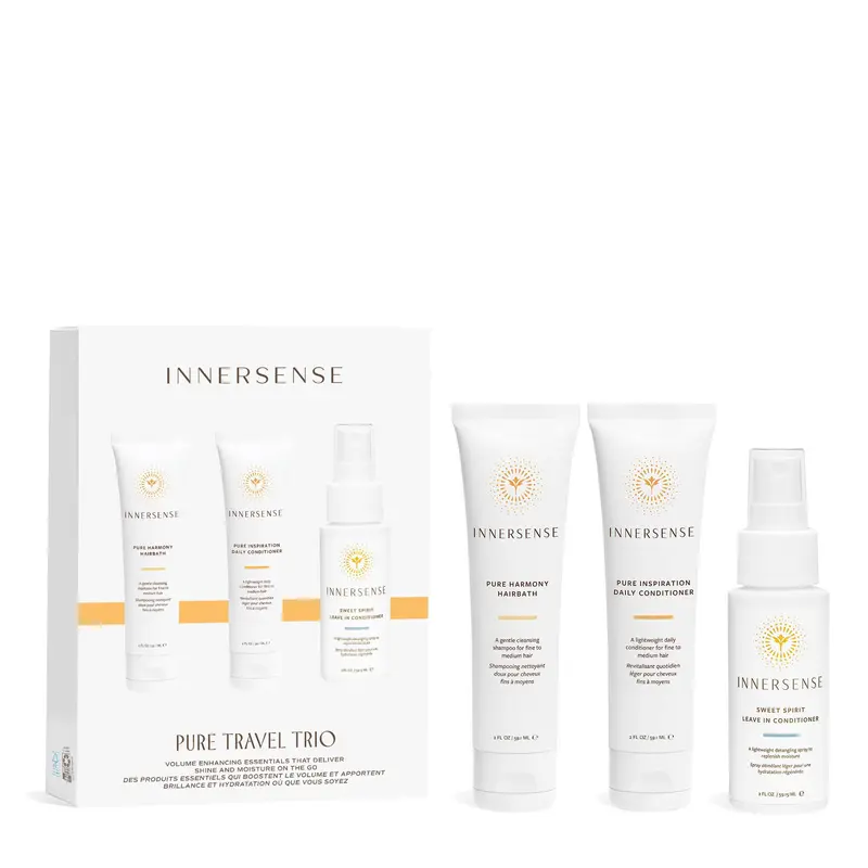 INNERSENSE Pure Harmony Trio Voyage – Soin Capillaire Bio, Sans Toxines et Cruelty-Free (Shampooing Pure Harmony, Après-Shampooing et Soin Sans Rinçage Sweet Spirit) Emballage Variable