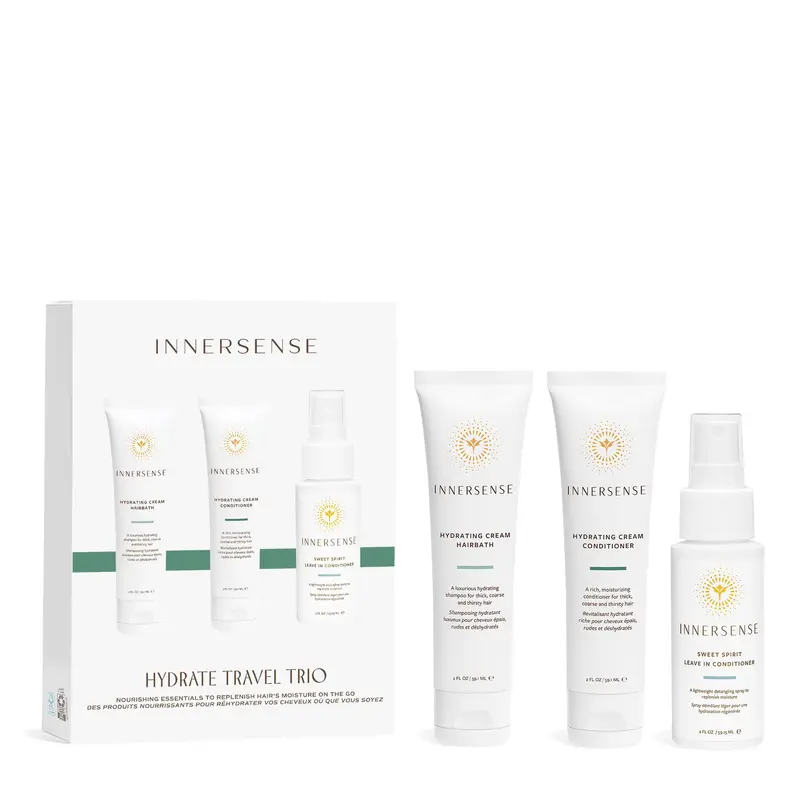 INNERSENSE Travel Hair Trio Hydratant — Shampoing Crème + Après-Shampooing + Soin Sans Rinage (60 ml chacun), Non toxique et Non testé sur les animaux