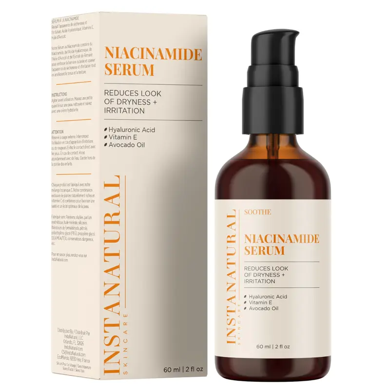 InstaNatural Sérum Niacinamide – Hydrate, apaise et atténue irritations et rougeurs | Hyaluronique & Vitamine E, 60 ml