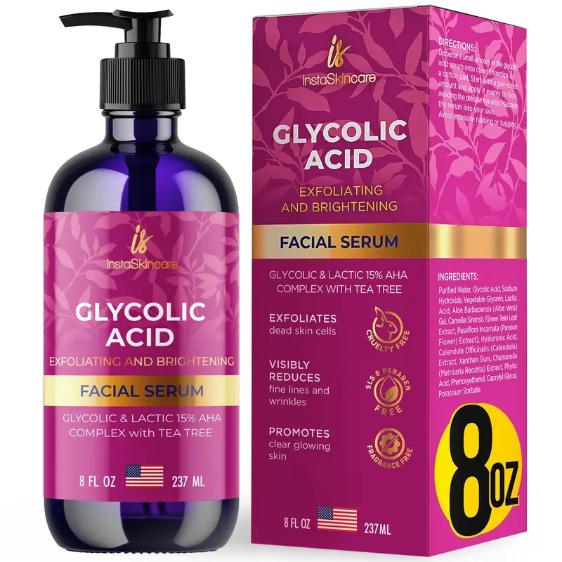 InstaSkincare Sérum Glycolique 15% pour le visage – 8 oz, format extra large