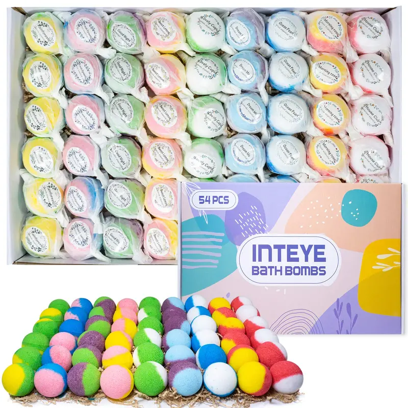INTEYE Coffret Bombes de Bain Luxe 54 pièces – Sels minéraux et huiles essentielles, cadeau spa éco-responsable