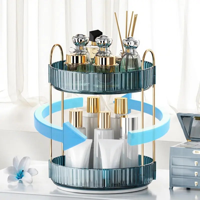 INVSSENE Organisateur de Maquillage Rotatif 360° – Grand Rangement Bleu, 2 Niveaux