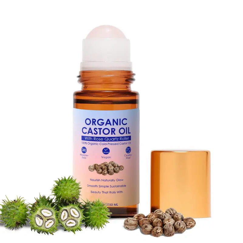 ipxkwll Huile de ricin biologique avec rouleau quartz rose – Presse à froid et pure pour cheveux, cils, sourcils et peau