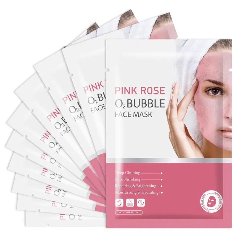 IREV Pack de 10 Masques Visage Bulles Rose O2 – Nettoyage Profond et Hydratation