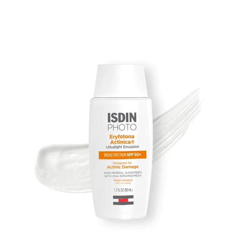 ISDIN Eryfotona Actinica – Écran solaire minéral SPF50+ sans traces blanches, peau sensible, format voyage 50 ml