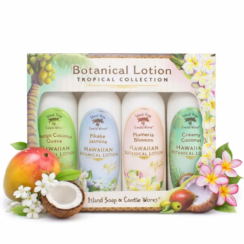 Island Soap & Candle Works – Coffret échantillons de lotions parfumées sans parabènes – Hydratant hawaïen – 4×60 ml
