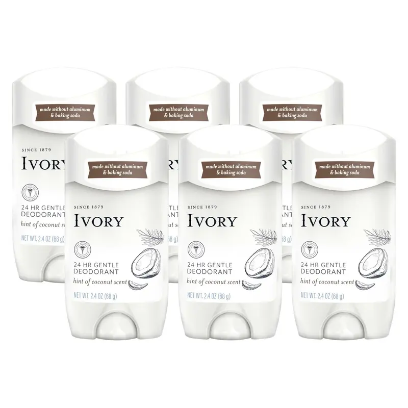 Ivory Déodorant Sans Aluminium – Senteur Coco, 24h, Sans Bicarbonate ni Parabènes, Testé Dermatologiquement – Lot de 6 (2,4 oz chacun)