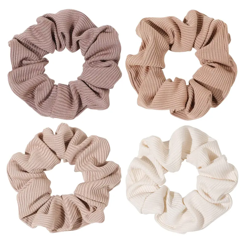 Ivyu Scrunchies coton brun – gros scrunchies sans pli pour tous types de cheveux (4 pièces)