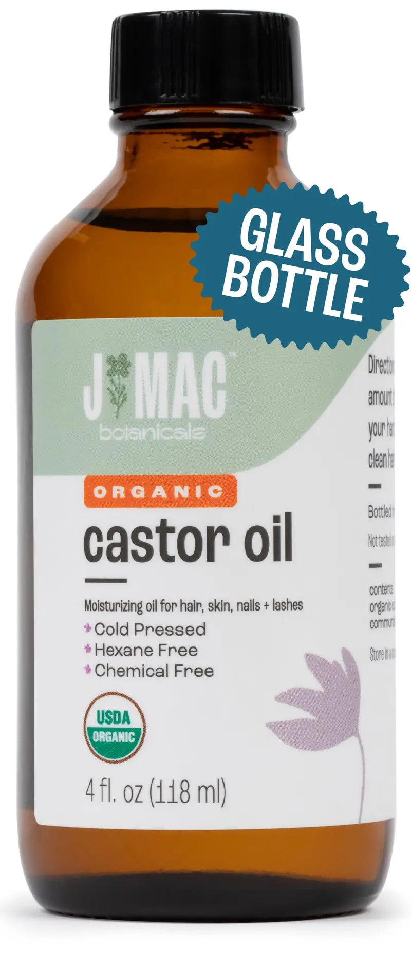 J MAC BOTANICALS – Huile de ricin biologique pressée à froid, verre 4 oz, sans pipette