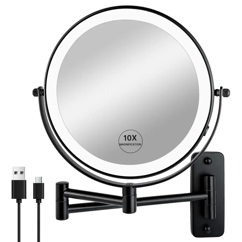JANEEVA Miroir mural lumineux 8 pouces – Double face 1x/10x, 3 couleurs, bras rotatif