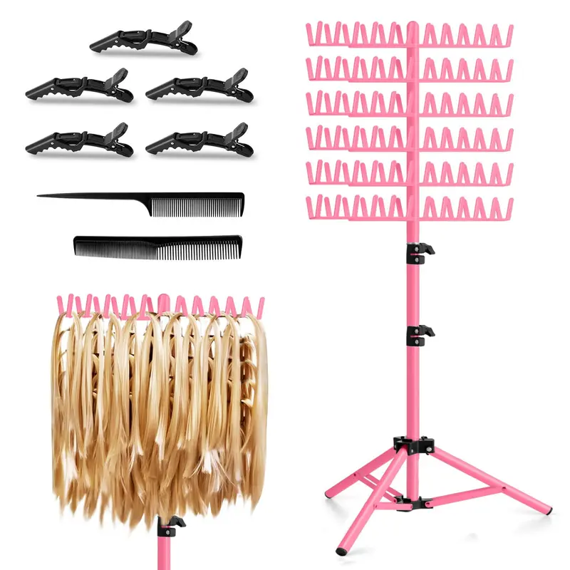 JANMPASK Porte-tresses à hauteur réglable – 144 piquets pour extensions, rose