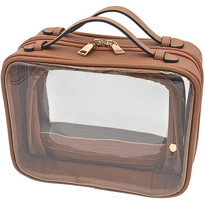 JAZD Trousse de Toilette Transparente – Grand Sac Maquillage, Voyage, Conforme aux Règles de Sécurité (Marron)