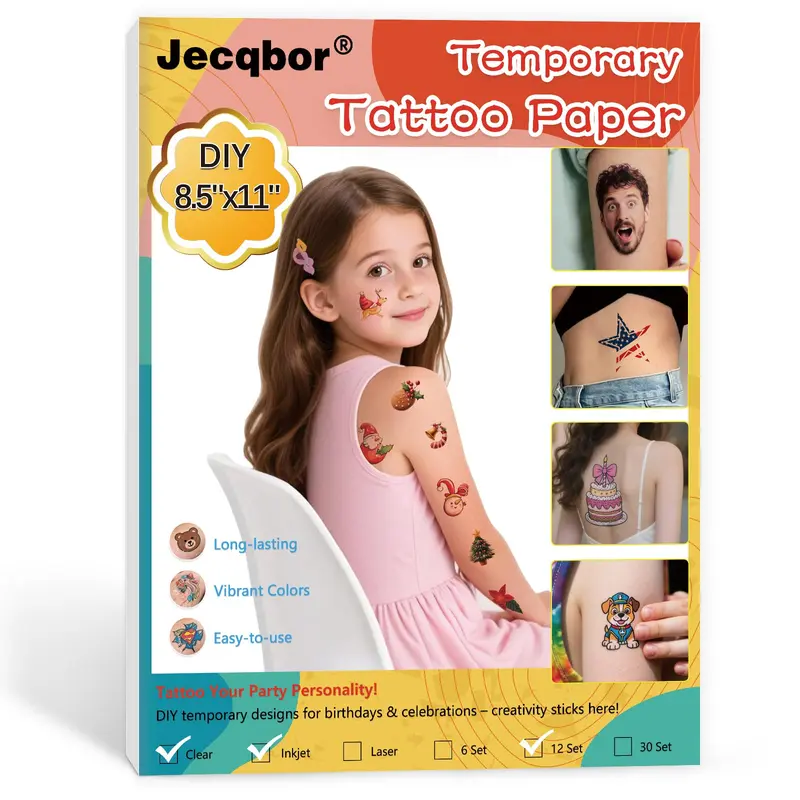 Jecqbor Papier tatouage imprimable jet d'encre 8,5 x 11 po – Autocollants temporaires personnalisés, transfert clair et durable