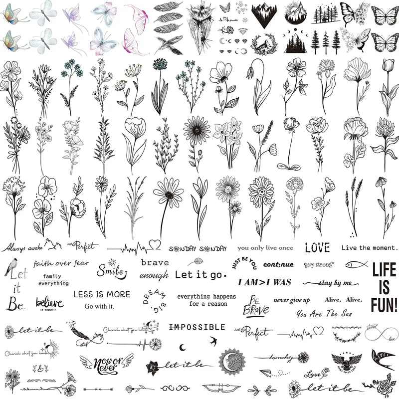 JEEFONNA – 100 Feuilles de Tatouages Temporaires RÉalistes, 240+ Motifs Floraux et Mots Inspirants, Résistants à l'Eau