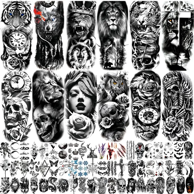 JEEFONNA – 82 Feuilles de Tatouages Temporaires 3D Demi-Manche (Noirs) – Lion, Loup, Tigre, Crâne