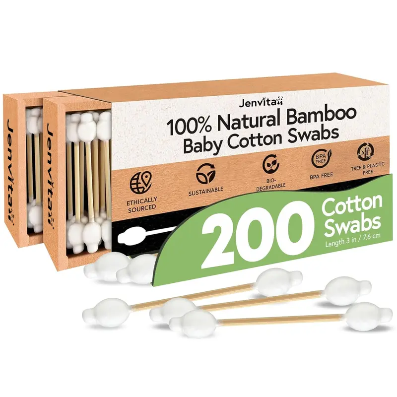 Jenvita Bâtonnets d’oreilles en bambou 100% – 200 pièces hypoallergéniques, FSC, sans plastique